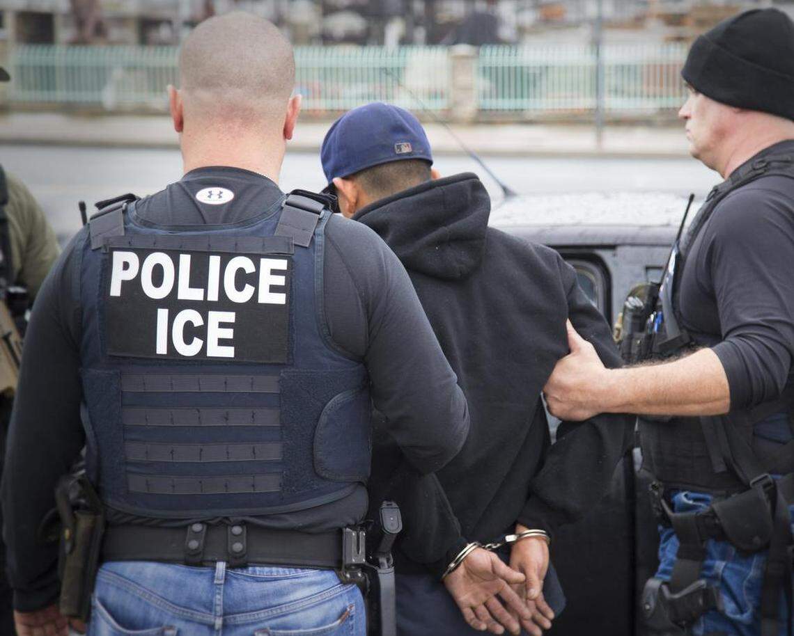 This 2017 file photo shows ICE officers making an arrest in Los Angeles.
