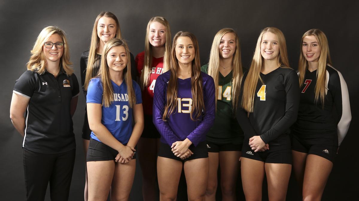 All-Metro volleyball team, left to right, coach Kaylie Bergkamp, Andale, Maize South’s Laurel Jones, Kapaun’s Ryen Wilkens, Rose Hill’s Gracie Van Driel, Douglass’ Katelyn Moore, Bishop Carroll’s Ella Larkin, Garden Plain’s Natasha Dooley and Hesston’s Talby Duekersen. (November 19, 2018)