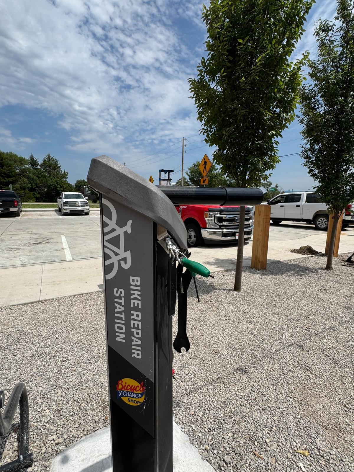A bike repair station, donated by Wichita’s Bicycle Pedaler, is set up in the courtyard at the new Point Nine restaurant in Andover, which sits just off the Redbud Trail.