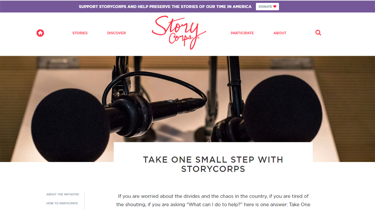 Screenshot of StoryCorps One Small Step website: storycorps.org/discover/onesmallstep