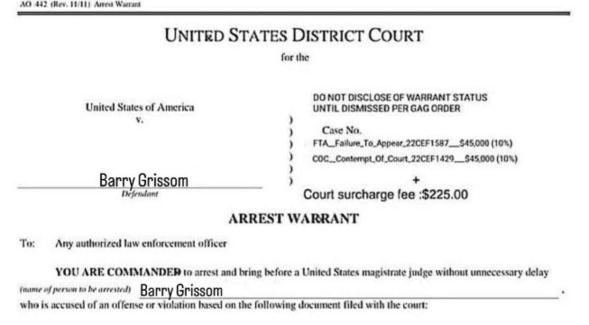 The header of a fake warrant that scammers sent to former United States Attorney for Kansas, Barry Grissom.