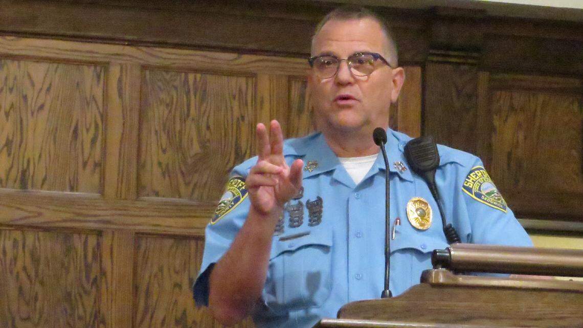Sedgwick County Sheriff Jeff Easter makes a point during a presentation on immigration policy Wednesday at a Wichita church. He said the department does not and will not do immigration checks on people who report crimes or are pulled over in traffic stops.