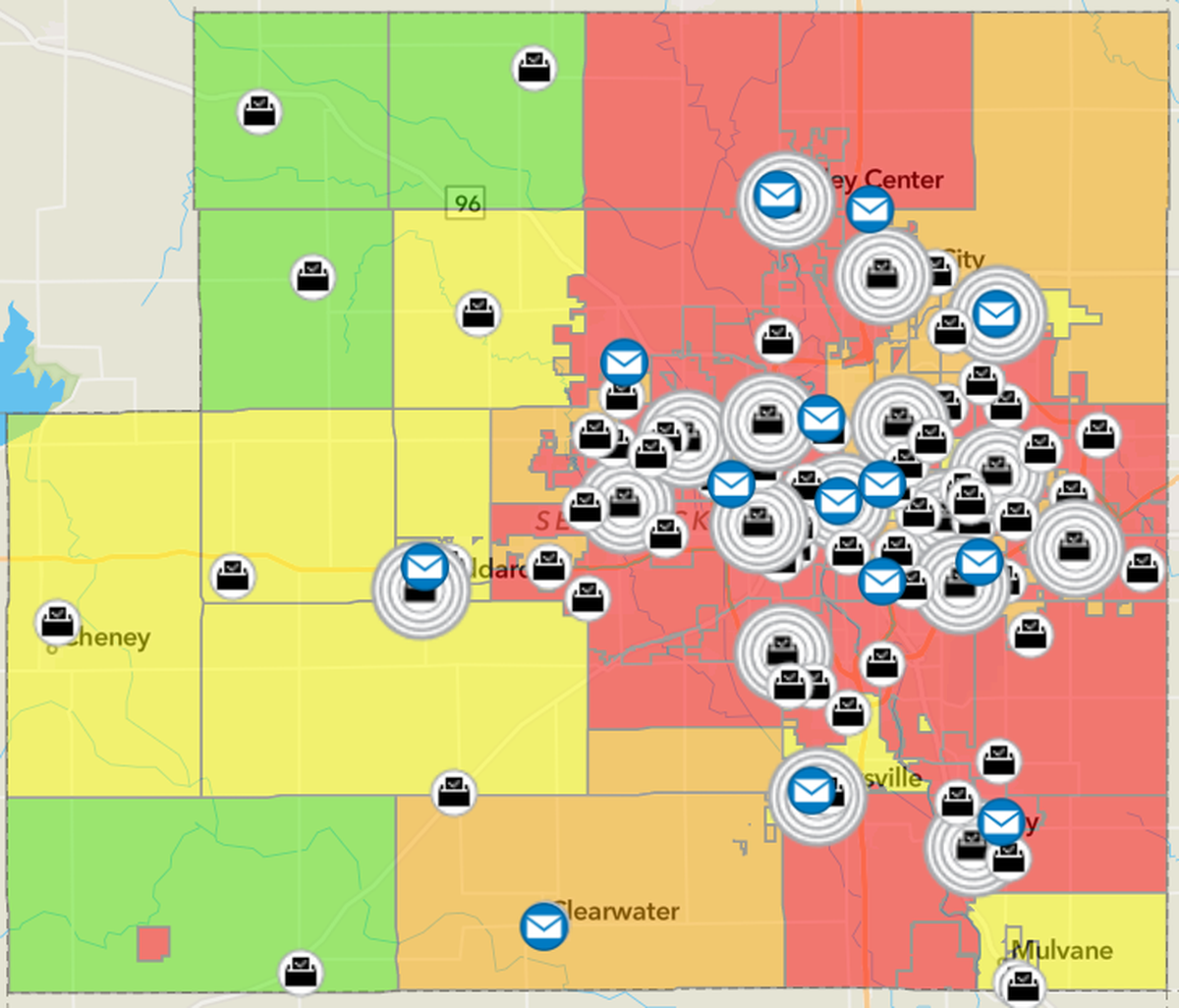 The Sedgwick County Election Office has created a heat map for projected voter turnout on Nov. 8. Polling stations in green indicate low expected turnout, yellow and orange indicate medium turnout and red indicates high turnout.