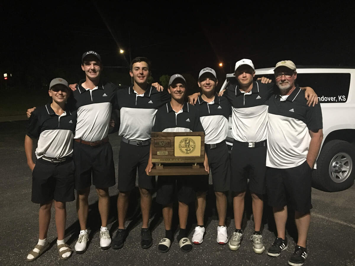 Andover Central won its second straight Class 4A boys golf state championship Monday in Emporia. (From left to right: Austin Goodrum, Peyton Wilson, Davis Joseph, Jacob Wagner, Cooper Schultz, Keegan Ellington and coach Doug Snyder)