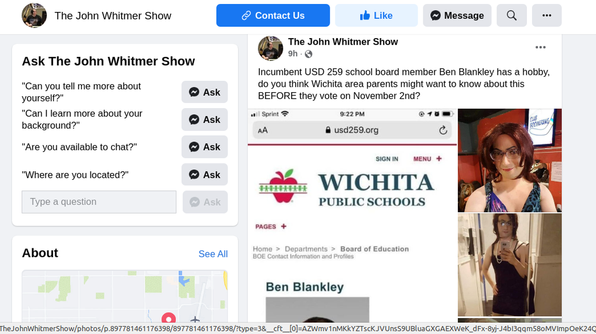 KNSS radio host John Whitmer posted pictures of school board member Ben Blankley in drag in an effort to influence the Nov. 2 election. The pictures are from shows in which Blankley, a married father, performed to raise money for local charities.