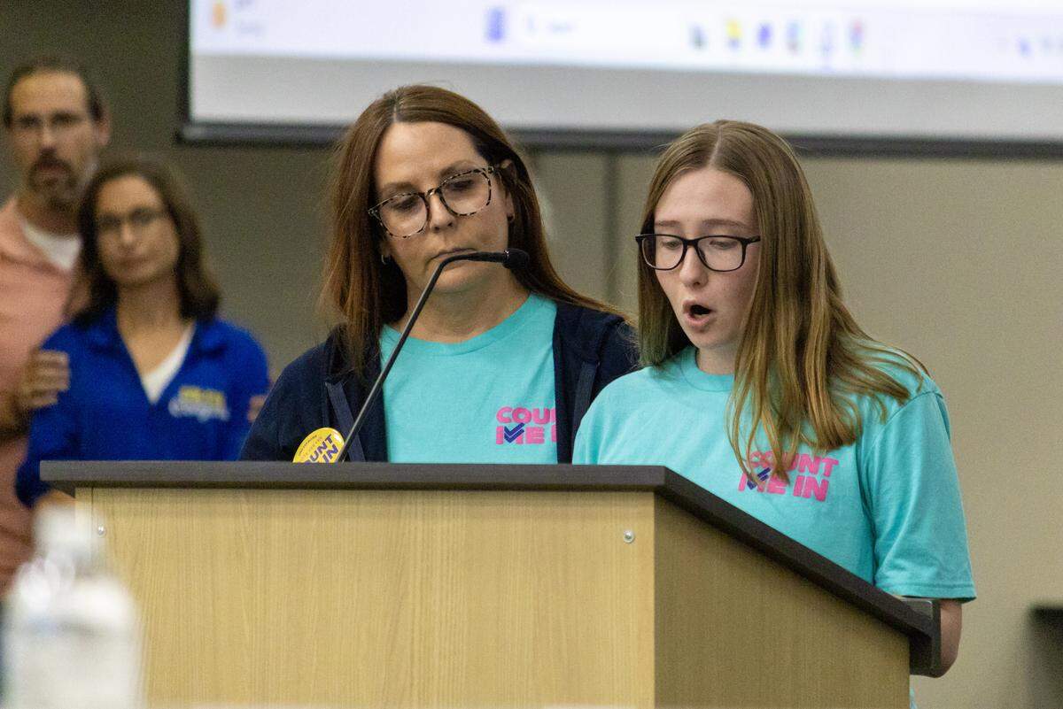 Katie Grover and her daughter Lillian, a Wichita Public Schools student, spoke in support of the proposed $615 million bond issue during the school board meeting on Monday night. "I am the beneficiary of past bond issues, learning in spaces that help me thrive," Lillian said. "This bond issue is about preparing students, not just for today but for the future we are working so hard to reach."