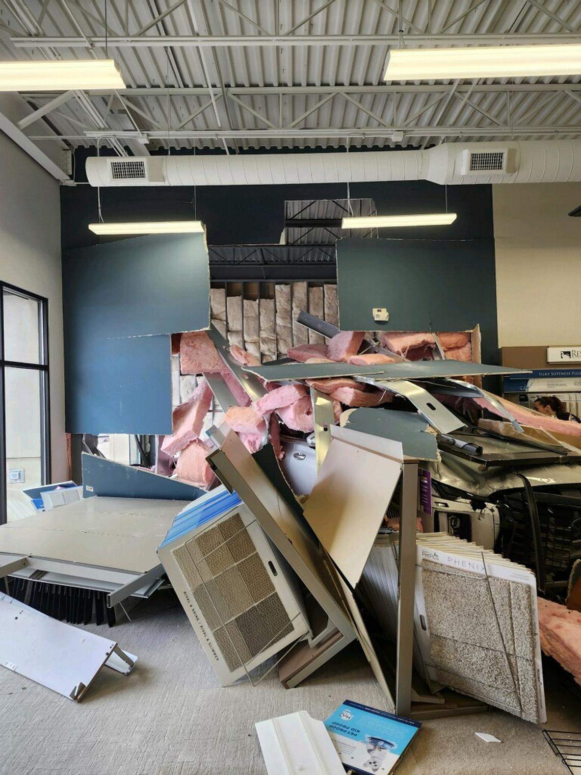 Jesse Sauer said the car crash at his Horton’s Carpet was fairly minor, and he said he’s thankful for no injuries, minus some ones that a few carpet displays sustained.