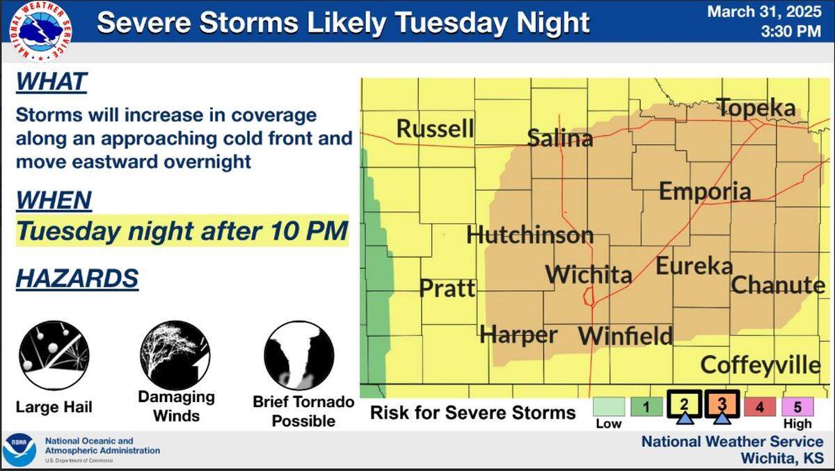Severe storms are expected to develop Tuesday evening and become more numerous later at night.