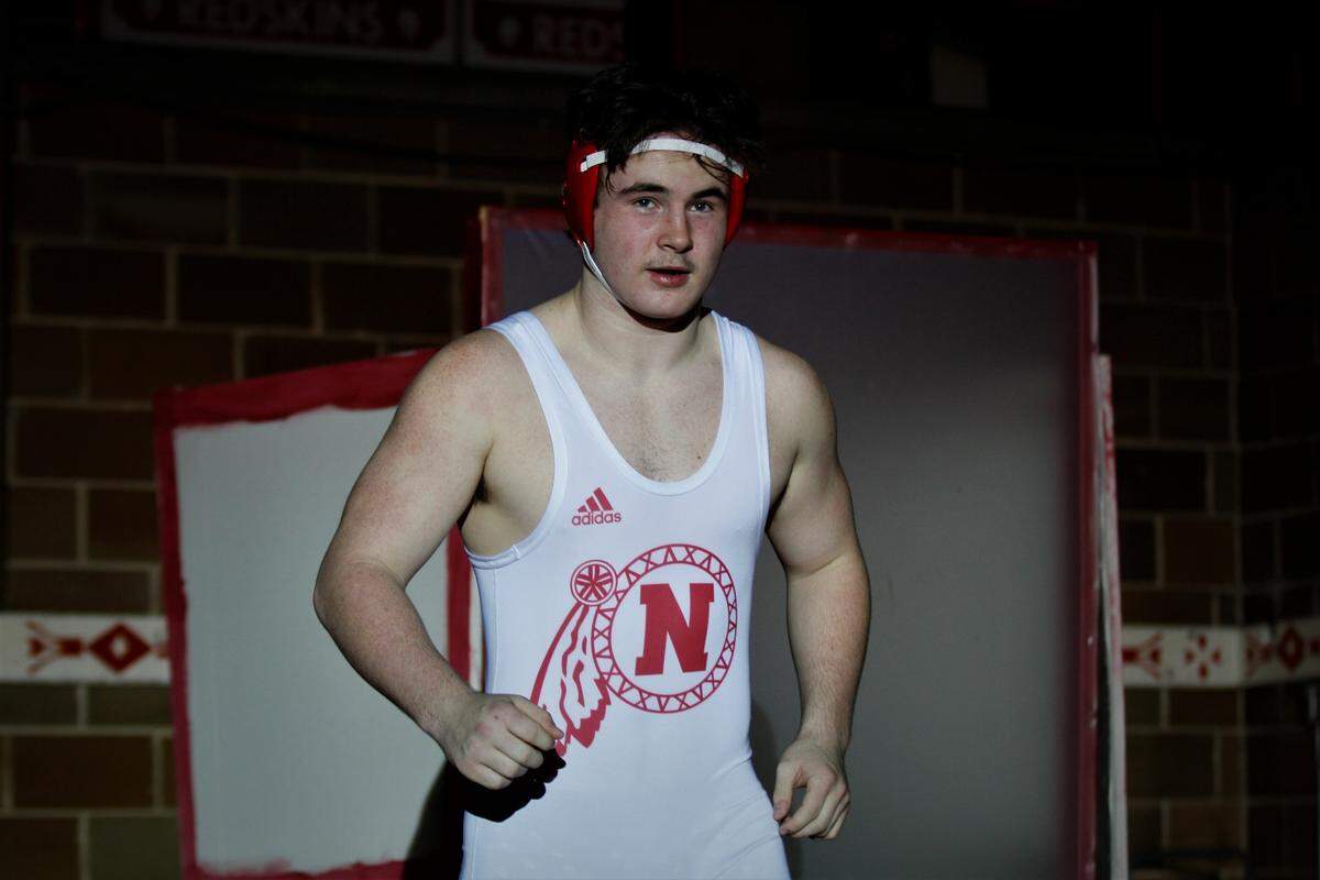 Wichita North junior Jackson Stroud made it to the 2019 City League tournament championship bout at 220 pounds against Northwest’s Josh Carter on Saturday. (Feb. 9, 2019)