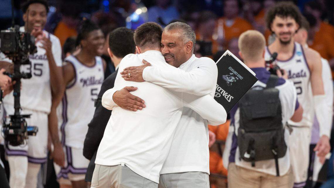 Kansas State coach Jerome Tang celebrates after his team advanced to the Elite Eight with an overtime win over Michigan State on Thursday night in New York City.
