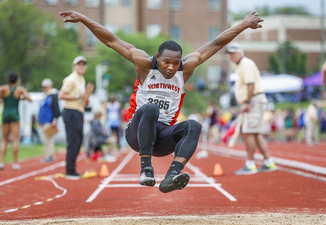 Shawnee Mission-Northwest’s Chanler Taylor wins the 6a Triple Jump at the Track and Field State Championships at Cessna Stadium Saturday. (May 25, 2019)