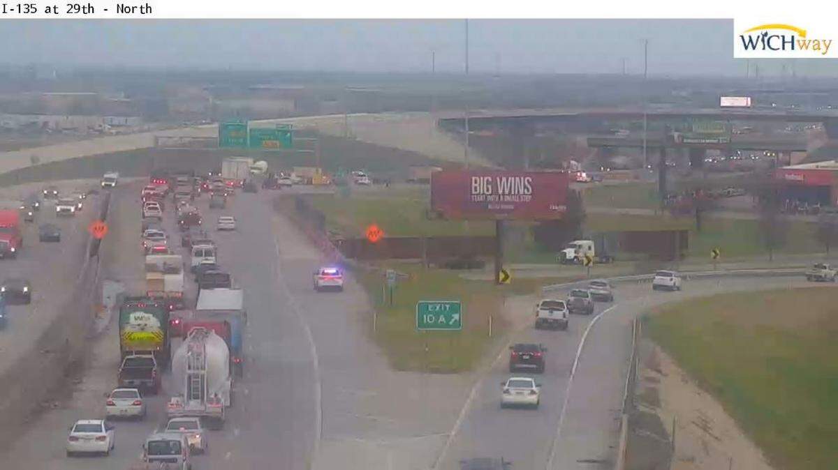 One person died in an accident Tuesday morning on I-135 north near 29th in Wichita, an official said. This screenshot shows traffic still slowed in the area at 8 a.m., more than two hours after the accident.