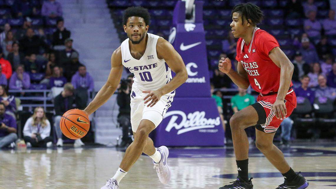 Kansas State Wildcats guard David Castillo (10) is guarded by Texas Tech Red Raiders guard Christian Anderson (4) during the first half at Bramlage Coliseum.