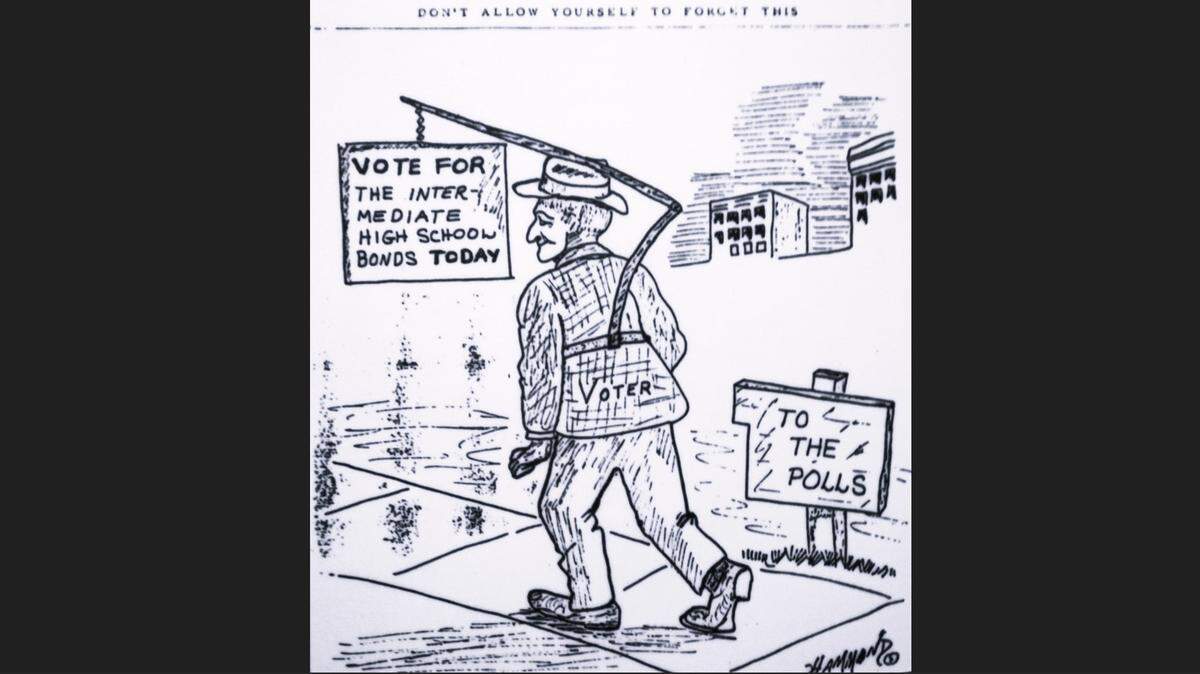 This cartoon by Benjamin Franklin Hammond in the Aug. 1, 1916, Wichita Eagle urged a vote in favor of a school bond, which ended up passing by more than two to one. The Eagle urges a “Yes” vote on the USD 259 school bond in Tuesday’s election.