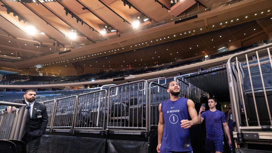 Kansas State’s Markquis Nowell looks around at the inside of Madison Square Garden as he and his teammates take the court for practice on Wednesday. Nowell is a New York City native. The Wildcats will take on Michigan State in the east region semifinal on Thursday.