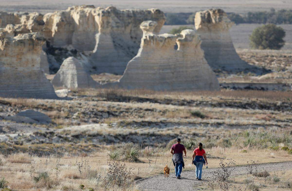 Little Jerusalem Badlands state park features walking trails around the breathtaking chalk formations. 