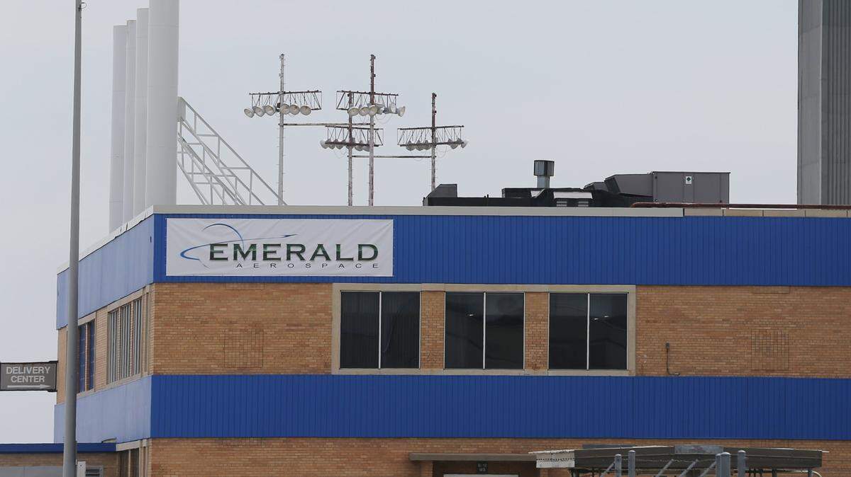 An Emerald Aerospace temporary sign on what was once a Boeing building on south Oliver. In 2016, Emerald Aerospace said it was operating out of 200,000 square feet at the former Boeing Wichita Modification Center, now Air Capital Flight Line.