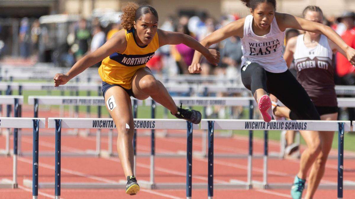 Northwest sophomore Adryanna Shelby (left) and East senior Kennadie Jinkins (right) are two of the top Wichita girls to watch at the Kansas high school state track meet.