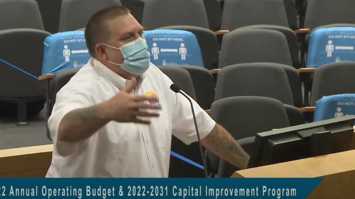 Union leader Esau Freeman speaking before the Wichita City Council in August 2021. Freeman told council members that if the city didn’t raise wages across the board, the new $15 minimum set by the council will be seen as an insult and lead to “pretty tremendous employment problems.”