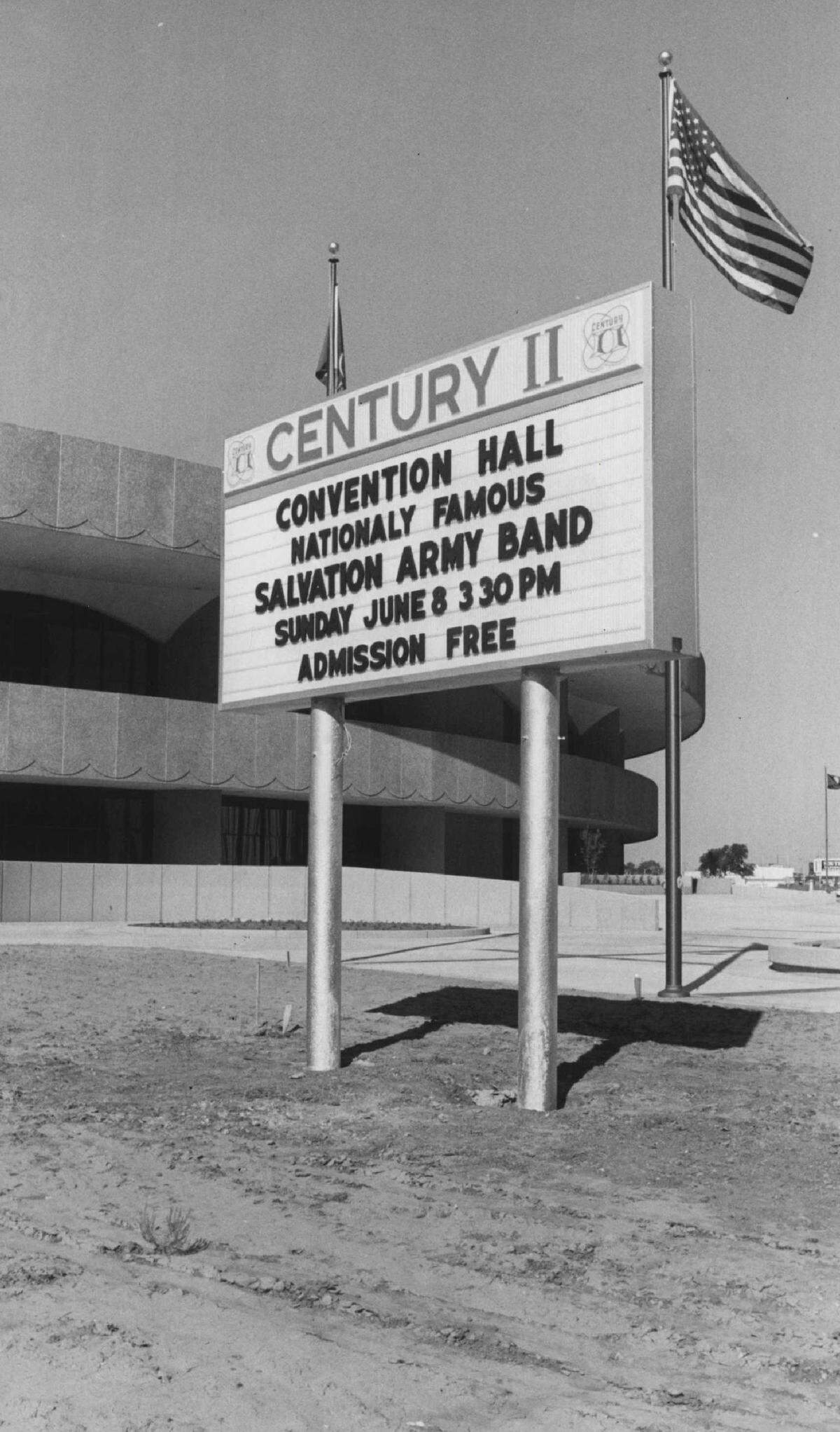 A photo of the new sign in front of Century II when it opened in 1969.