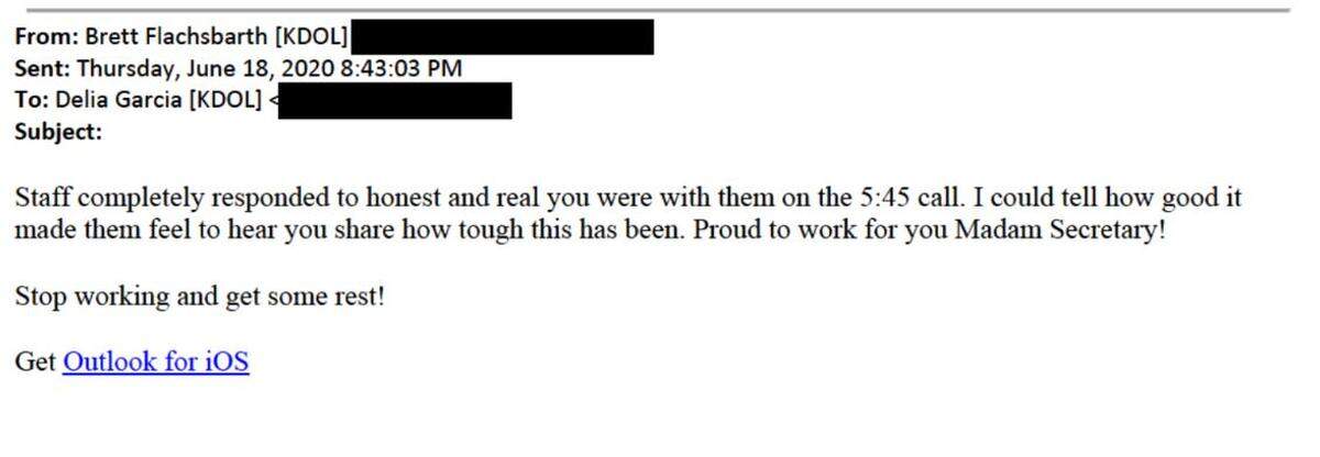Kansas Department of Labor Deputy Secretary Brett Flachsbarth emails Secretary Delia Garcia.