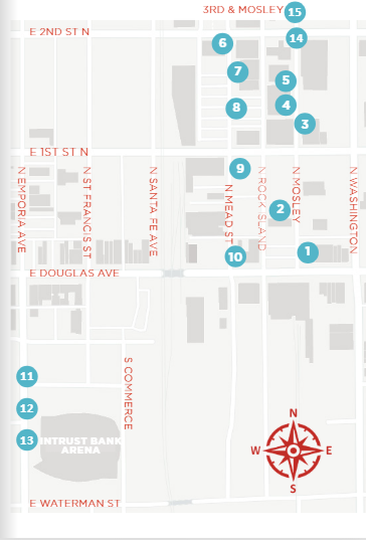 This map shows the locations of 15 outdoor sculptures throughout Old Town. The Wichita Arts Council has voted to sunset its Sculpture WalkAbout exhibition due to a lack of private funding.