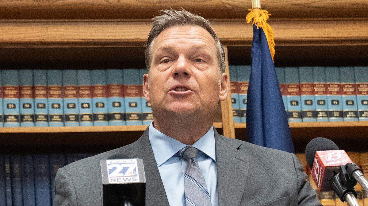 Kansas Attorney General Kris Kobach gives remarks overing suing Gov. Laura Kelly over DCF denying USDA demand for food stamp data during a press conference at Memorial Hall on Sept. 8, 2025.