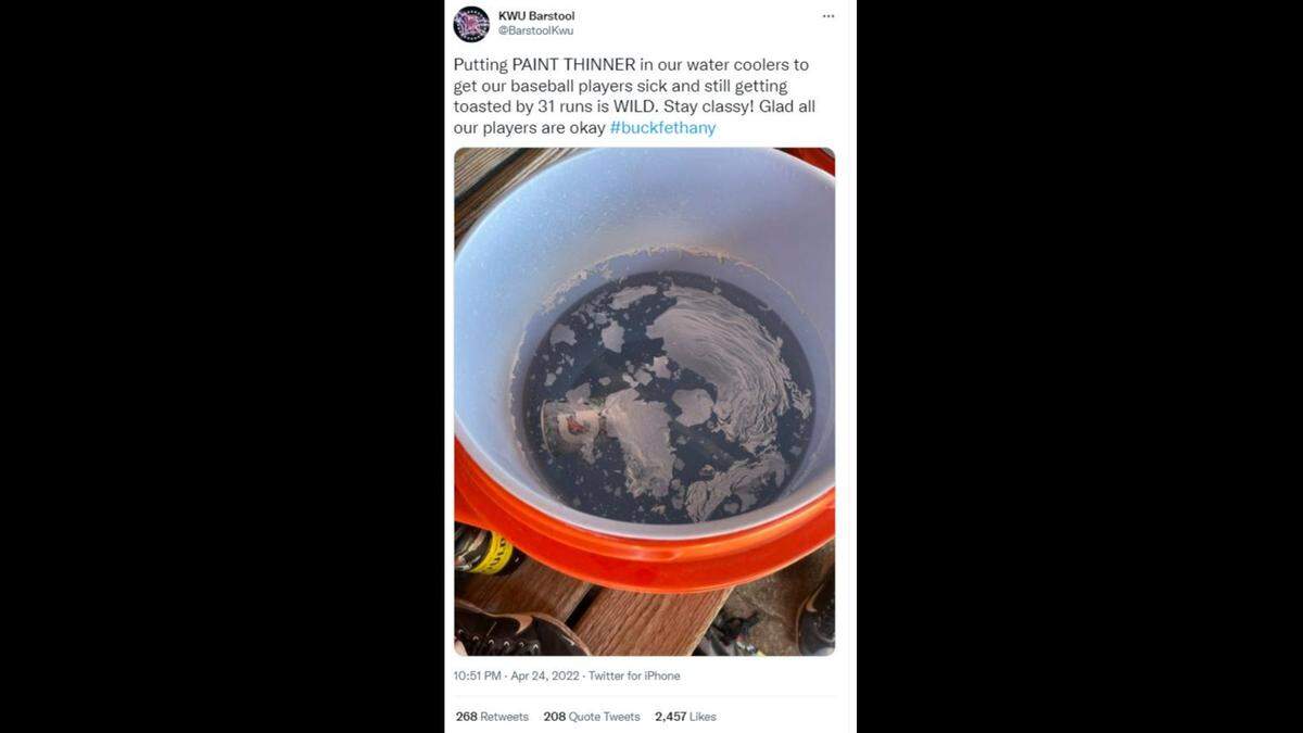 A screenshot of a post from the Twitter account of KWU Barstool, which alleged that someone associated with the Bethany College baseball program deliberately contaminated a water cooler used by its opponent, Kansas Wesleyan University, this past weekend.