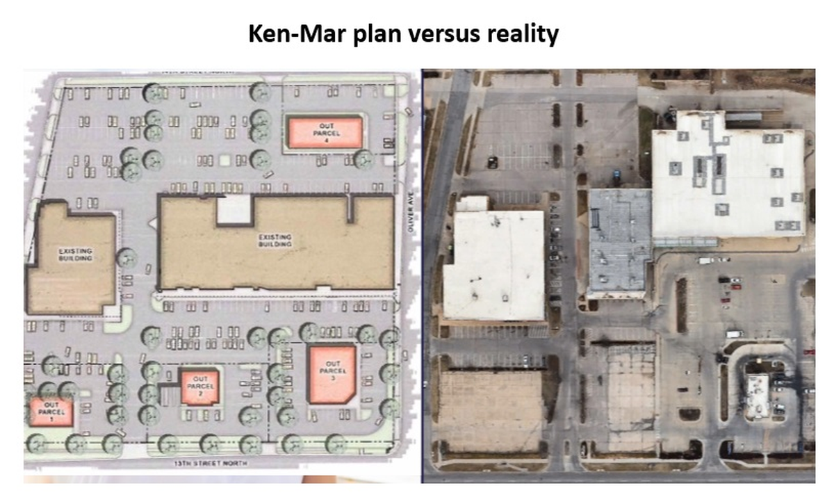 These side-by side images show the original site plan for the Ken-Mar development, and what exists there now.