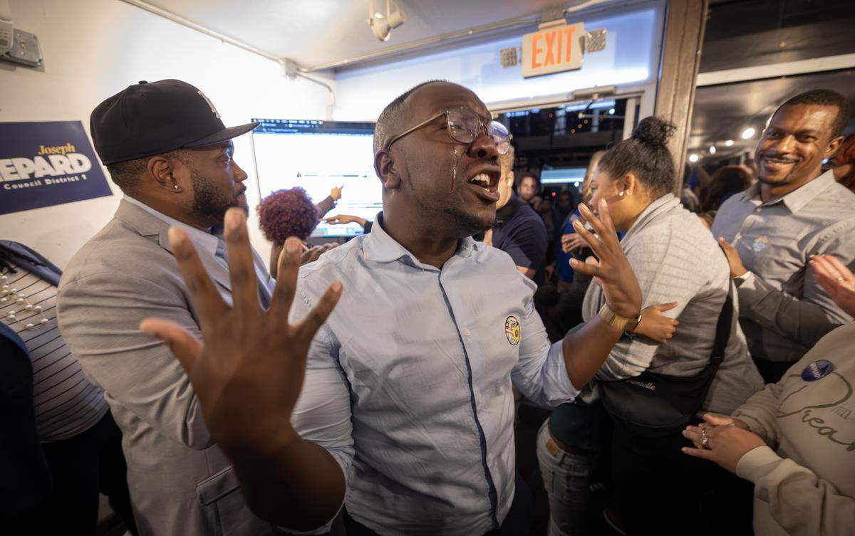Joseph Shepard is overcome with emotion after final results showed him winning the District 1 City Council race over LaWanda DeShazer.