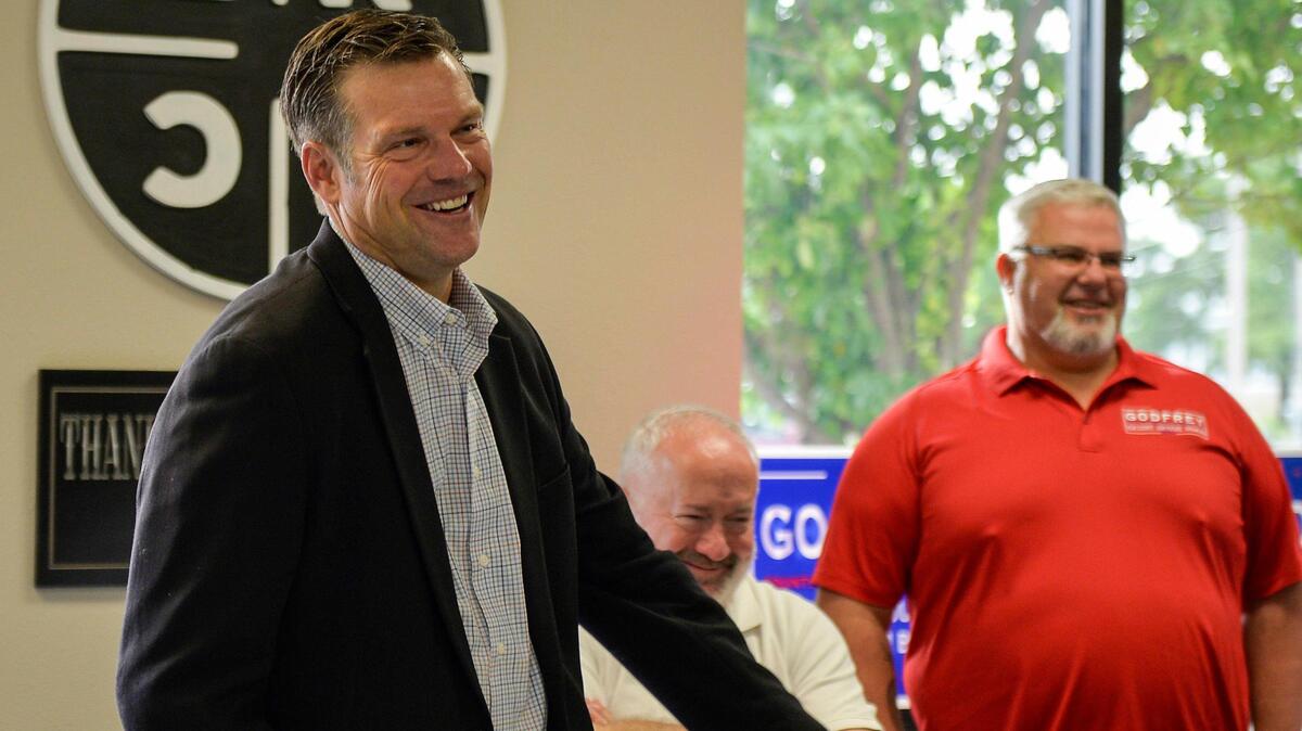 Kris Kobach speaks to supporters at Godfrey’s Indoor Ranges and Tactical Supply on Friday, July 17, 2020.