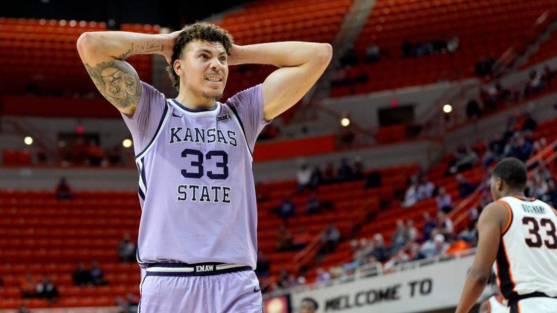 Kansas State Wildcats guard Coleman Hawkins (33) reacts during a men’s BIG 12 basketball game between the Oklahoma State University Cowboys (OSU) and the Kansas State Wildcats at Gallagher-Iba Arena in Stillwater, Okla., Tuesday, Jan. 7, 2025. Oklahoma State won 79-66,