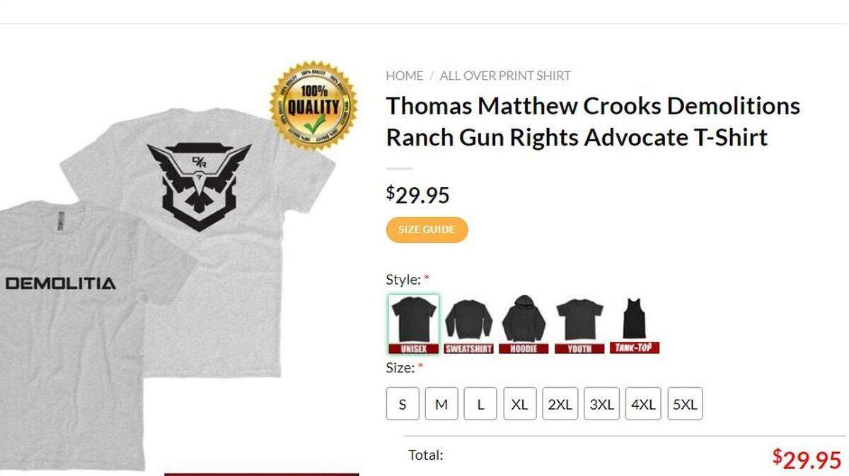 One of several online T-shirt ads trying to cash in on Thomas Matthew Crooks’ attempted assassination of former President Donald Trump, a shooting spree that wounded Trump’s ear, killed one bystander and critically wounded two others.