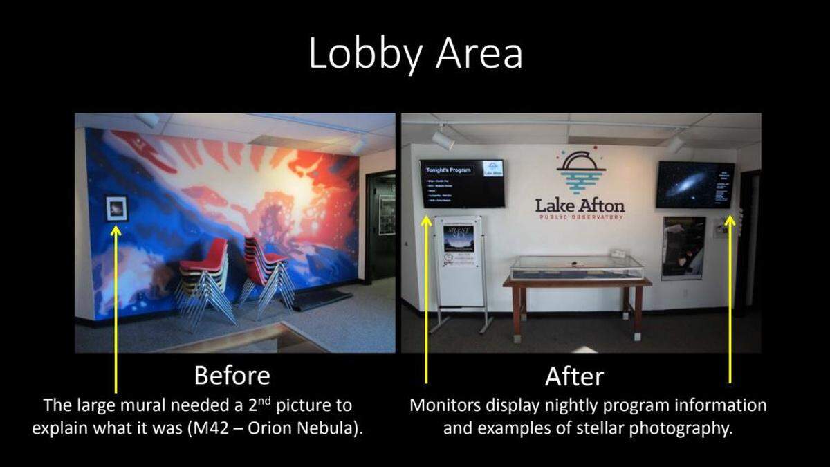 This slide shows some of the improvements made in the lobby area since a volunteer group took over Lake Afton Public Observatory.