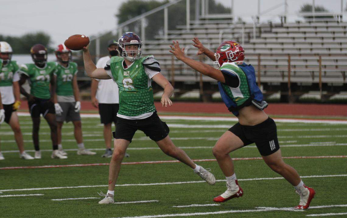 Jackson Kavanaugh, former Salina Central quarterback, rears back to pass during a Shrine Bowl practice.