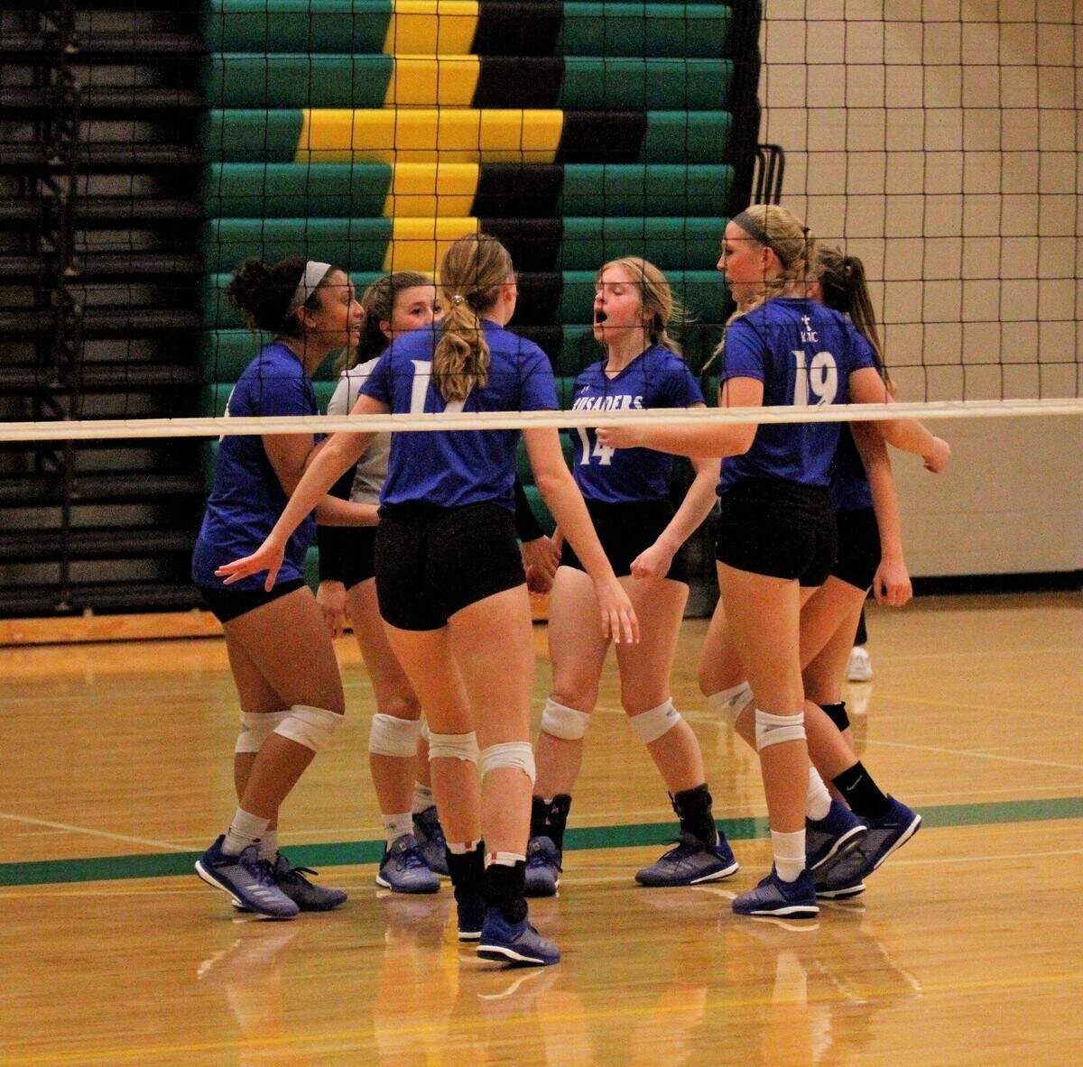 Kapaun celebrates a point during the Crusaders triangular with Bishop Carroll and Wichita East on Tuesday. (Sept. 4, 2018)