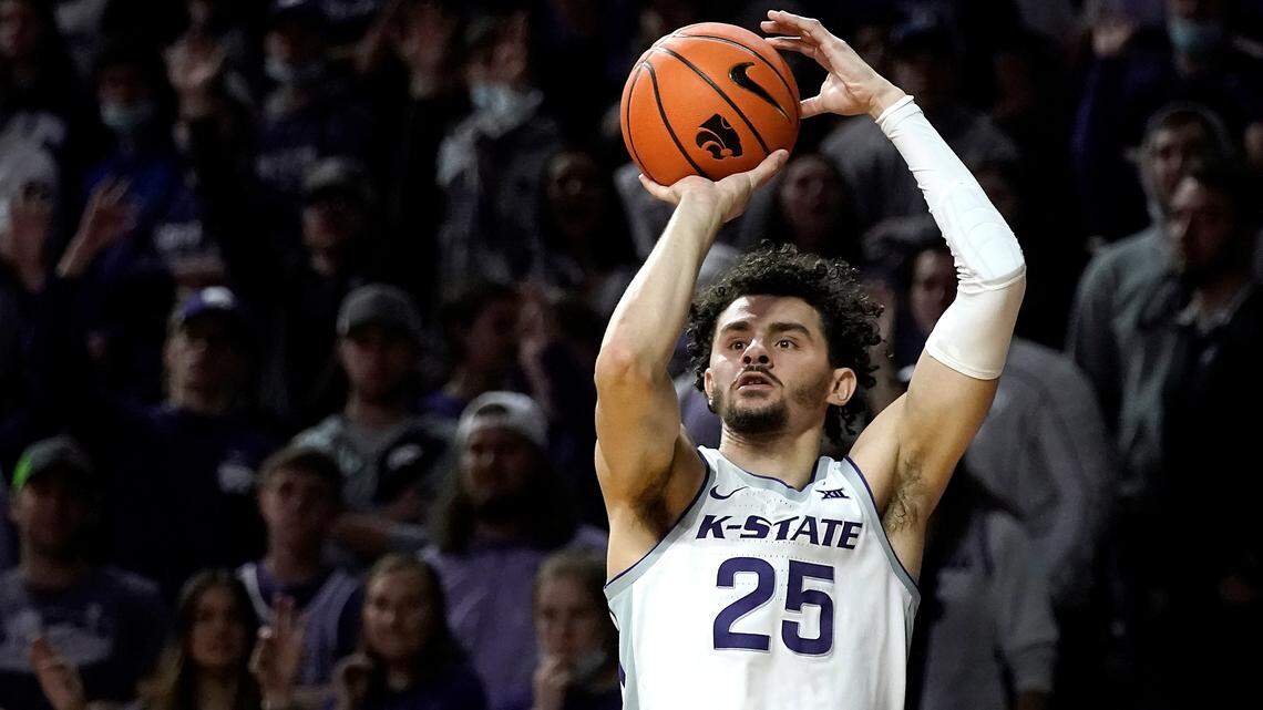Kansas State’s Ismael Massoud shoots during the first half of an NCAA college basketball game against Omaha Wednesday, Nov. 17, 2021, in Manhattan, Kan. (AP Photo/Charlie Riedel)