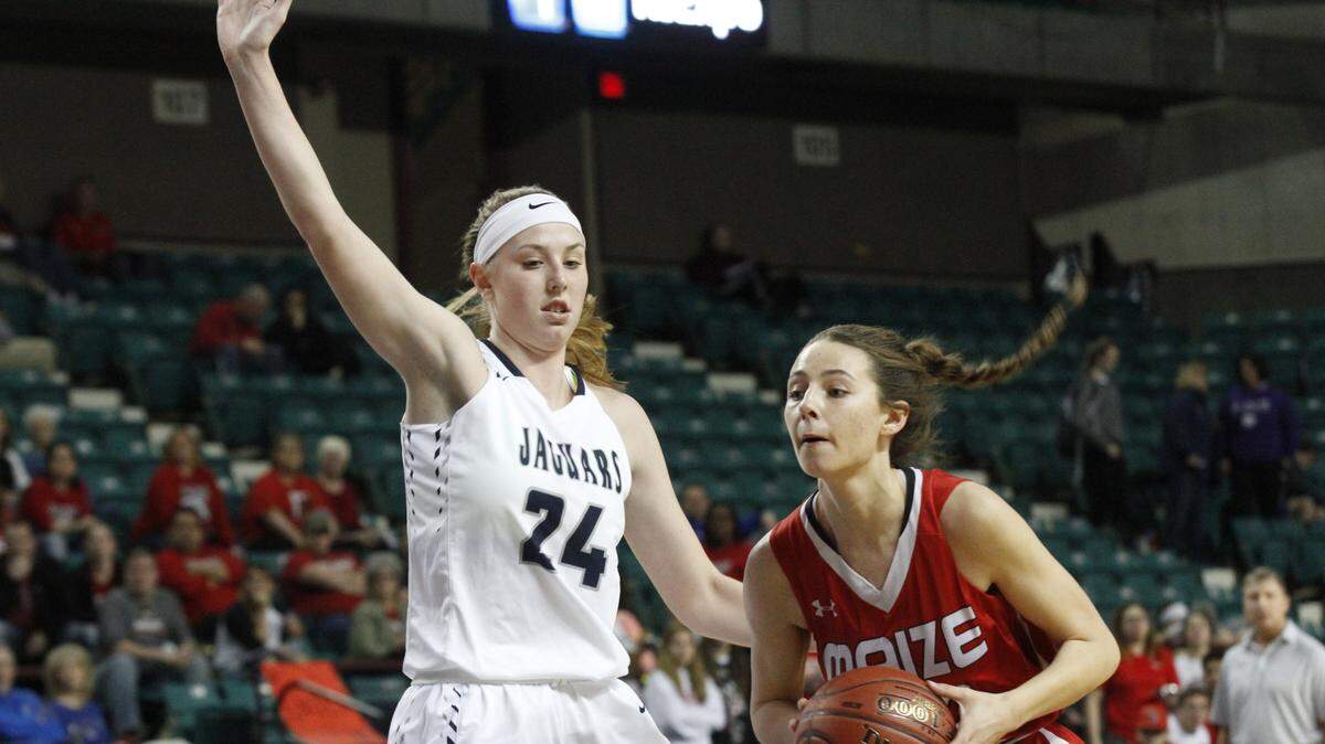 Maize's Halie Jones drives to the basket in the Eagles' 44-37 victory against Mill Valley in the first round of the 2018 Class 5A girls basketball tournament at the Kansas Expocentre in Topeka.