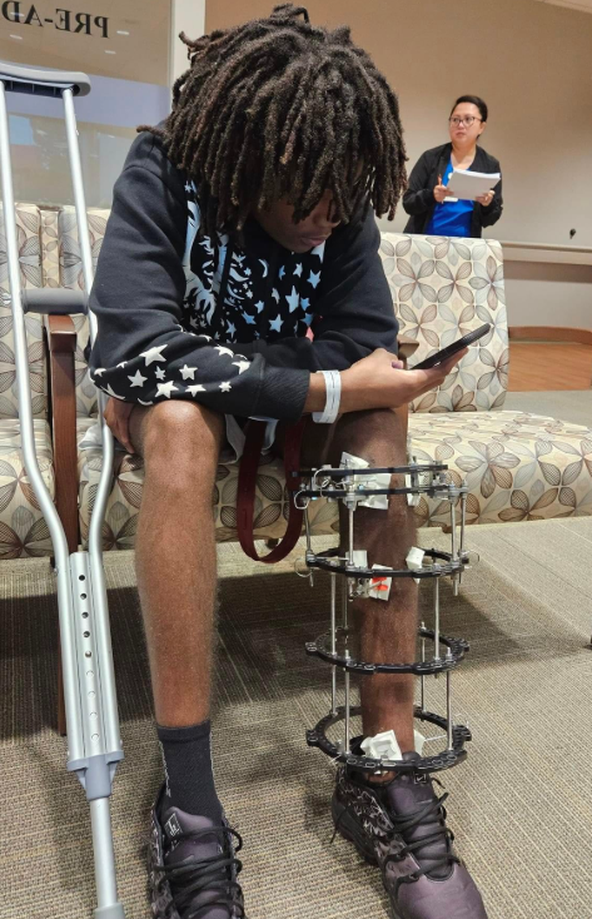 Pierre Couisnard had to wear the halo around his left leg for months while recovering from the surgery.
