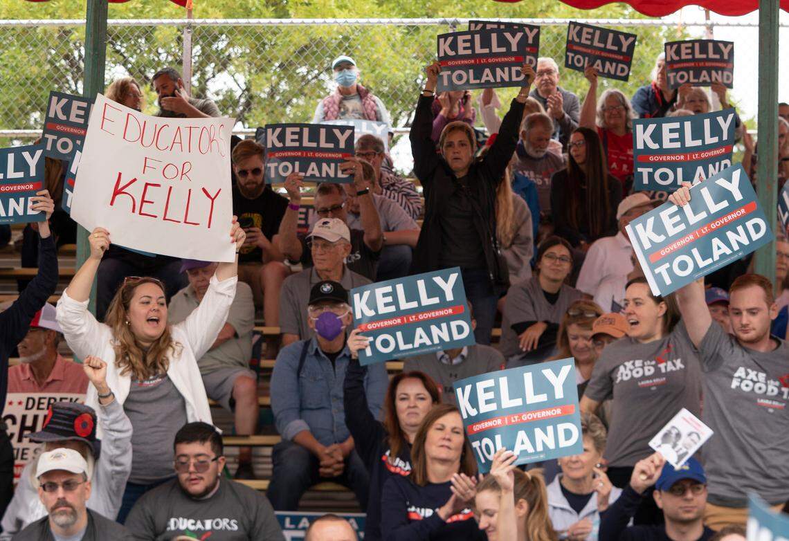 Kansas Governor Laura Kelly supporters cheer during the debate with Kansas Attorney General Derek Schmidt at the Kansas State Fair in Hutchinson on Sept. 10, 2022.