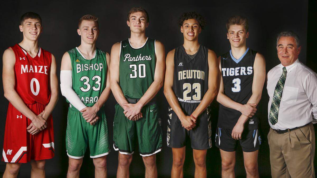 The Eagle’s 2018 All-Metro boys basketball team. Left to right, Maize's Caleb Grill, Bishop Carroll's Luke Evans, Derby's Bryant Mocaby, Newton's Ty Berry, Eisenhower's Dylan Vincent and Bishop Carroll coach Mike Domnick.