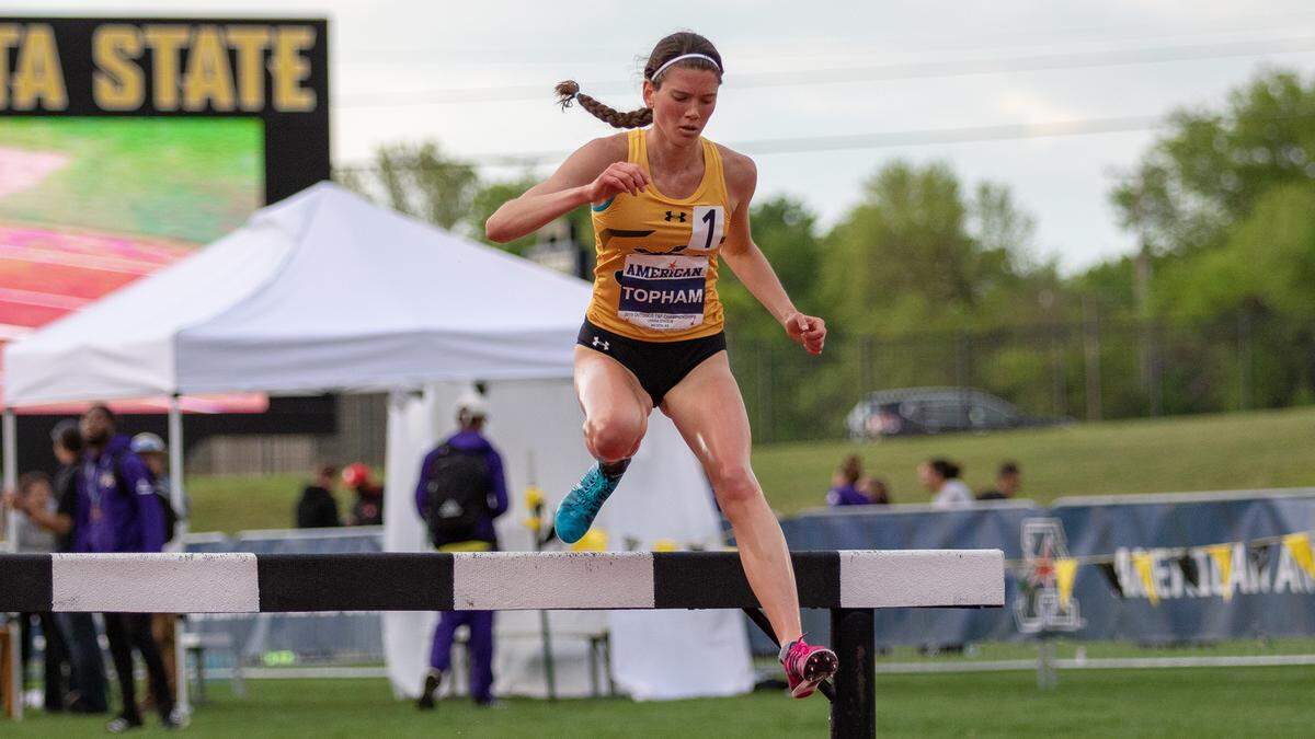 The steeplechase became Rebekah Topham’s signature event at Wichita State. She finished eighth at the 2019 NCAA outdoor championships.