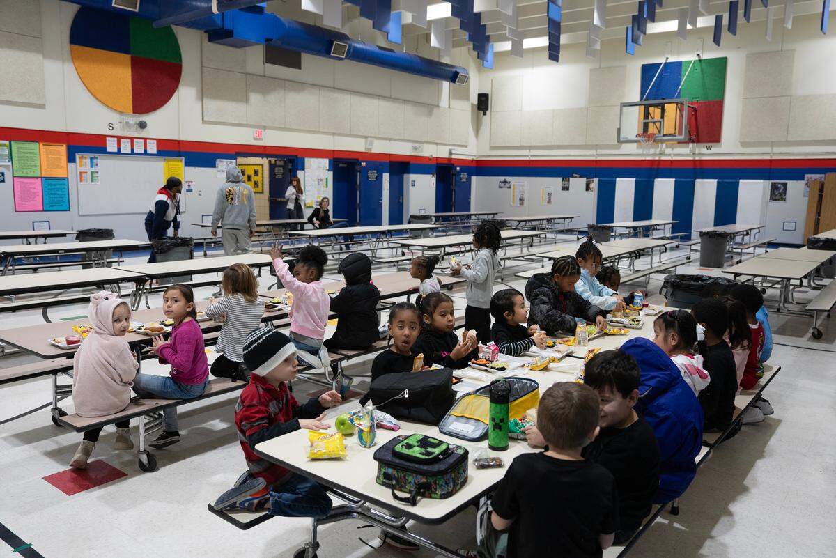 The gymnasium at Adams Elementary School doubles as a cafeteria.