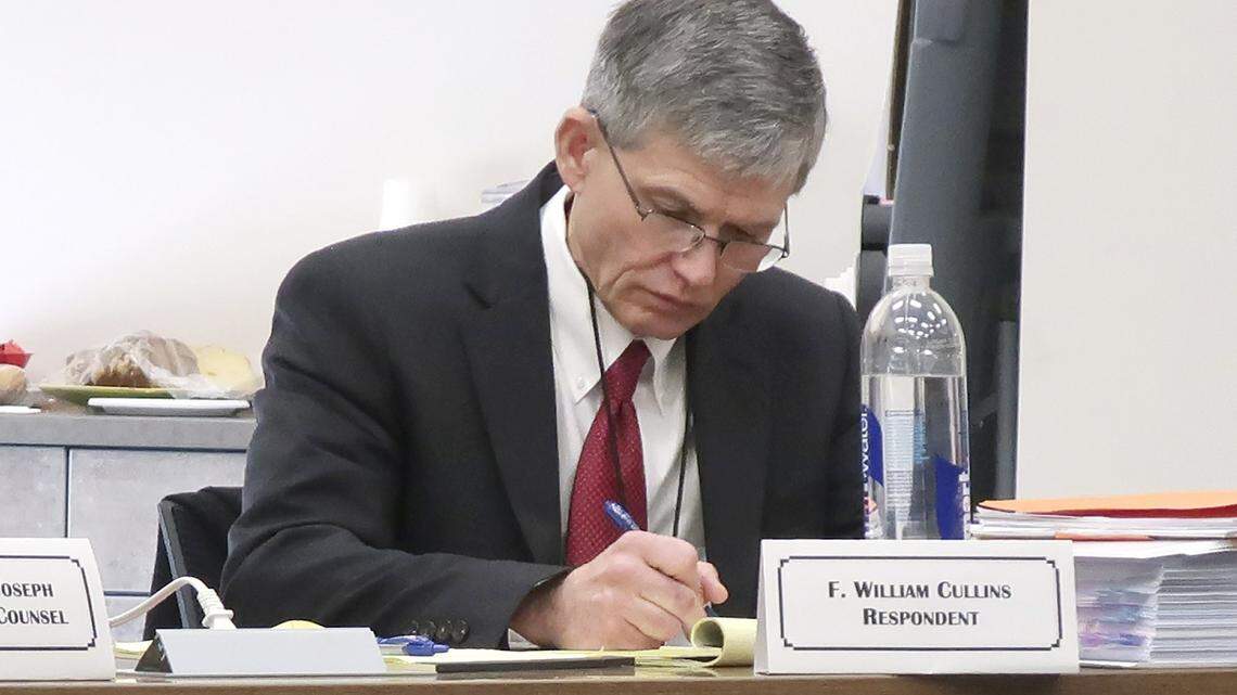 Montgomery County District Judge William Cullins, shown here at a 2019 disciplinary hearing, was suspended for a year by the state Supreme Court on Friday for a history of profanity, harassment of staff, anti-female slurs and perceptions of racial bias in his courtroom.
