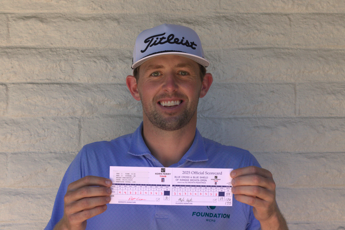 Myles Creighton shows off his 11-under-par 59 scorecard from Saturday’s Round 3 action at the Wichita Open.