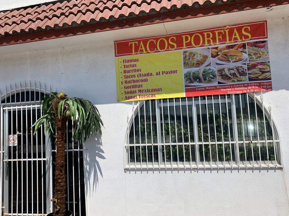 They don’t yet have a permanent sign, but Tacos Porfias is up and running in its new space.