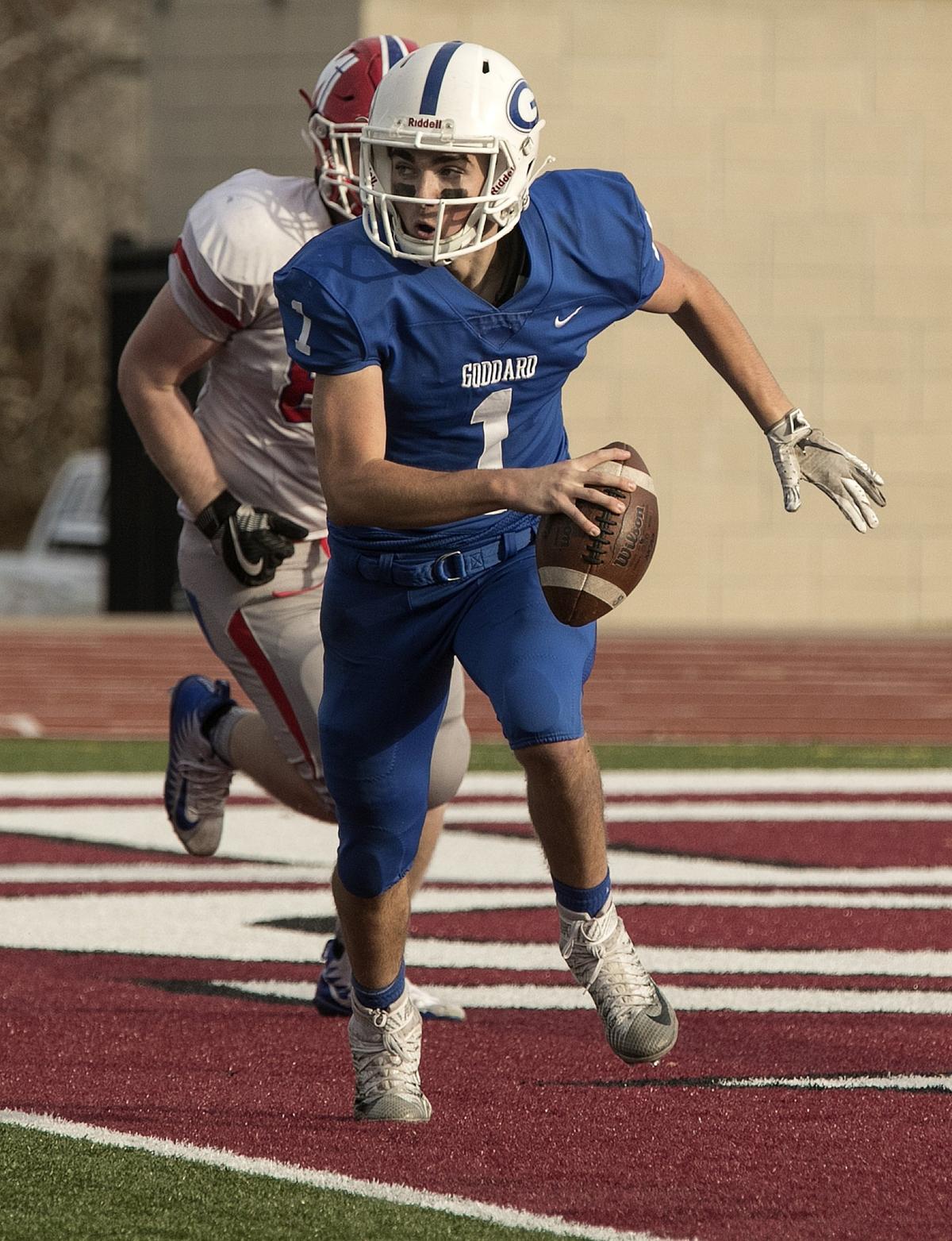 Quarterback Jared Mocaby #1 of Goddard  carried the ball in the game against Bishop Miege in the Kansas Class 4a championship Saturday, November 24, 2018 at Topeka Hummer complex. Bishop Miege won the championship 69-31