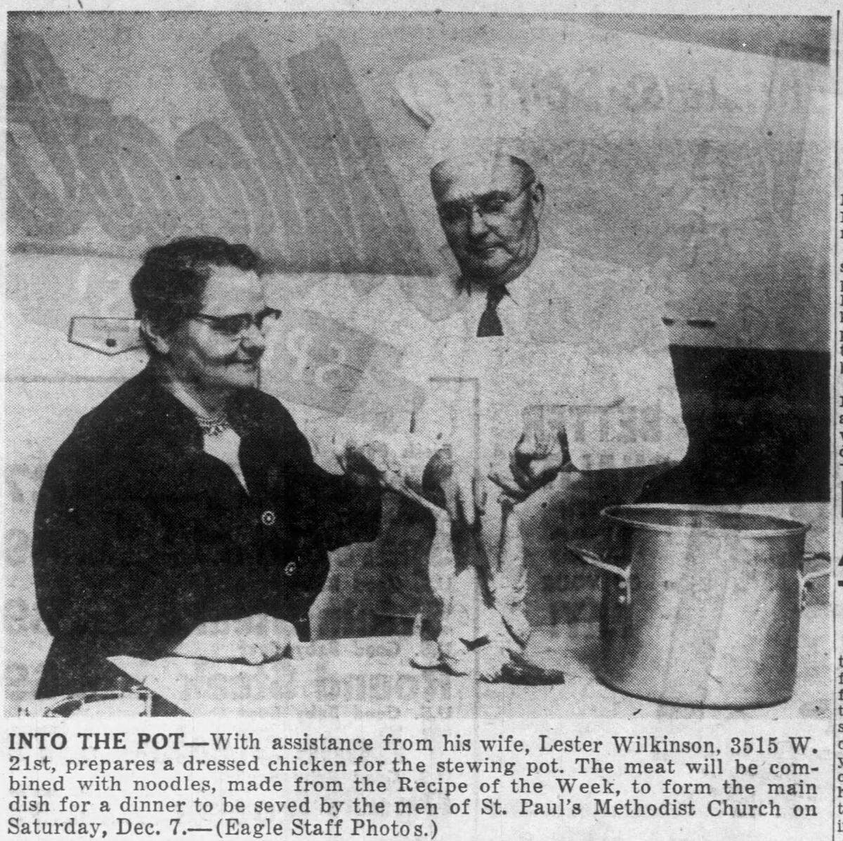 A photo printed in The Wichita Beacon in 1957 shows the originators of the St. Paul United Methodist Church’s Chicken Noodle dinner: Gladys and Lester Wilkinson.