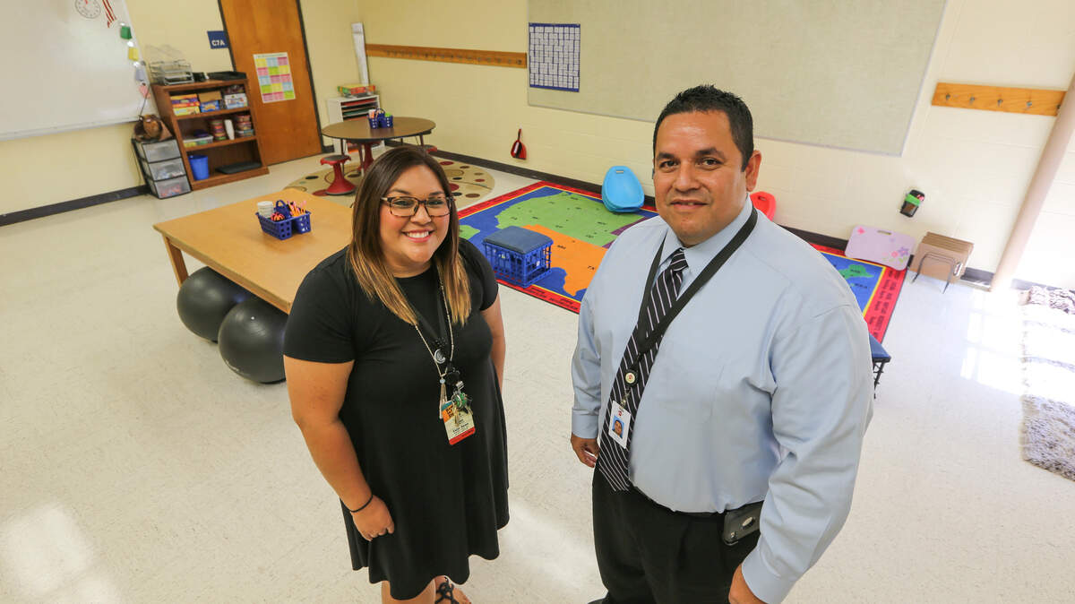 Principal Claudio Flores, right, and Dean of Students Lisa Burgess stand in a classroom at Bryant Opportunity Academy. The school, located at the former Bryant Core Knowledge Magnet Elementary near Ninth and West, will serve about 100 kindergarten-sixth-grade students with behavior problems who will be assigned there from other schools.