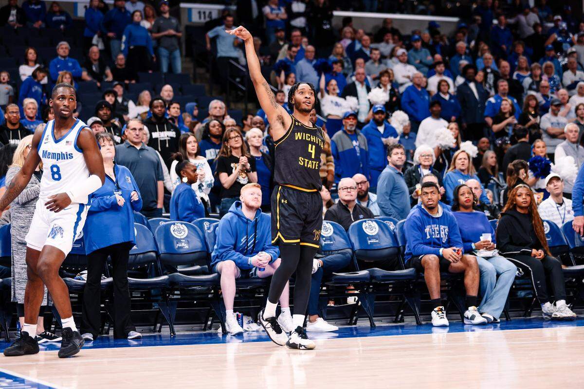 Wichita State’s Colby Rogers attempts a 3-pointer against Memphis in Saturday afternoon’s game at FedExForum.